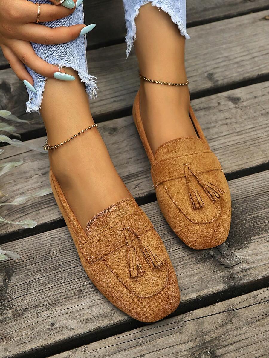 Plus Size 2026 Spring/Autumn Square Toe Loafers, Suede Tassel Slip-On Casual Driving Loafers, Solid Color Preppy College Style Tassel Loafers, Office & Home Wear - Brown - View 1