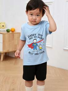 Baby Boy Summer Casual Short Sleeve T-Shirt, "Daddy Is My Hero" Print Round Neck Top, Suitable For Newborn And Toddler - Baby Blue - View 3