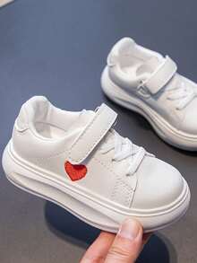 Children's Heart Design White Sneakers, Hook And Loop Soft Sole Casual Board Shoes, Versatile And Comfortable, Suitable For School And Daily Wear - Red - View 5