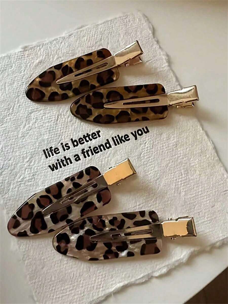 2 buah Jepit Rambut Wanita Minimalis Serbaguna Elegan Warna Kopi Motif Leopard Tanpa Sambungan Model Buaya dari Bahan Asetat - MultiWarna - View 1