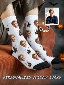 1 Pair Customized Face Photo Men's Halloween Socks, Birthday, Valentine's Day Gift, Halloween Prank Gadget, Colorful Cartoon Print, Combines Personality And Fun, Suitable For Daily Wear, Home, Commuting - Multicolor - View 3