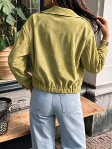 Women's Olive Green Zipper Jacket, Clean Girl Minimalist High-End Outerwear, Y2K Street Style Autumn Outfit - Green - View 4