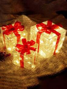 3pcs LED Warm Light With Red Bow Gift Box, Lighting Gift Box - LED Lighting Holiday Desktop Decoration, Birthday Gift Packaging, Valentine's Day Gift - Multicolor - View 5