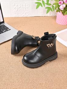 Girls' Minimalist Ankle Boots With Butterfly Rhinestone Buckle, Back Zipper, Thick Sole, Durable, Fashionable, Versatile Casual Boots For Autumn/Winter - Black - View 4