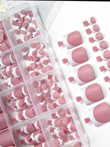 Large Capacity Toe Press-On Nails Solid Color With French Line Design Summer Swimming Essential Fake Nails Manicure - Multicolor - View 8