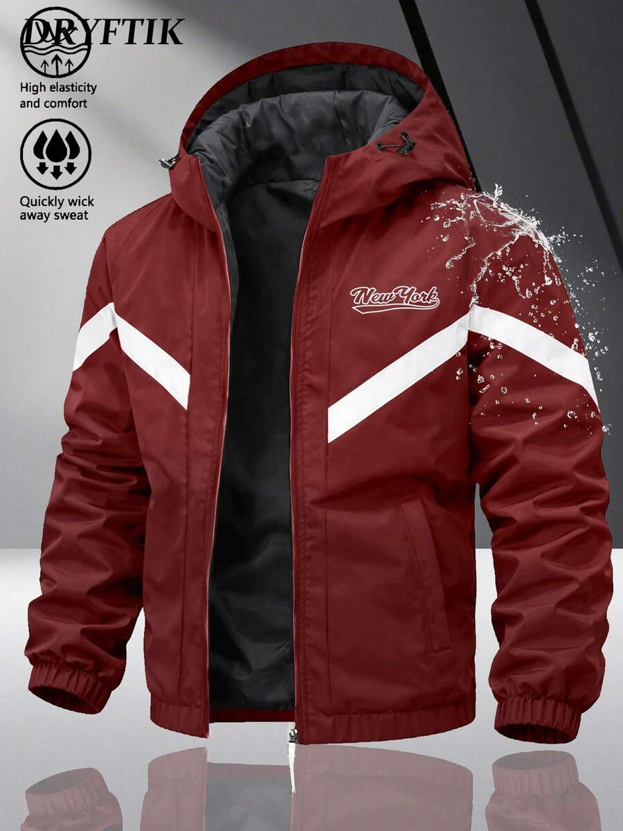 Men's Adjustable Hooded Drawstring With Zipper, Sporty Style, Suitable For Daily Wear, Commuting And Casual, Side Colorful V-Line Design And Print. - Burgundy - View 1