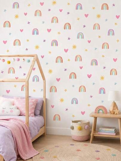 82 Pcs Valentine's Day Wall Decals, Bohemian Rainbow Wall Decals, Small Rainbow Wall Decals, Watercolor Rainbow Heart Sun Star Wall Decals, Boys And Girls Bedroom Wall Decor, Stickers, Wall Decals, Vinyl Stickers, Home Decor, Spring Decorations