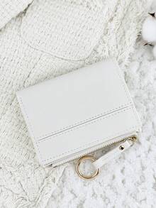 Women's Multi-Function Short Zipper Wallet, Foldable Card Holder With Snap Closure, Small Ring Wrist Strap Decor, Suitable For Outdoor Use - White - View 6