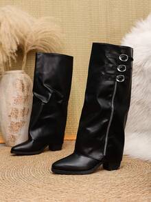 2024 Autumn New Women's Tall Boots Fashion Embroidered Knight Boots Mid-Heel Non-Slip - Black - View 4