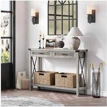 Mesa Consola Estrecha de Madera Estilo Boho Rústico Color Gris, Mueble Recibidor con 2 Cajones de Ratán y Estante Inferior, Unidad Decorativa Multiusos para Pasillo, Entrada o Detrás del Sofá, Dimensiones 110 x 30 x 78 cm - Gris1 - Ver 1