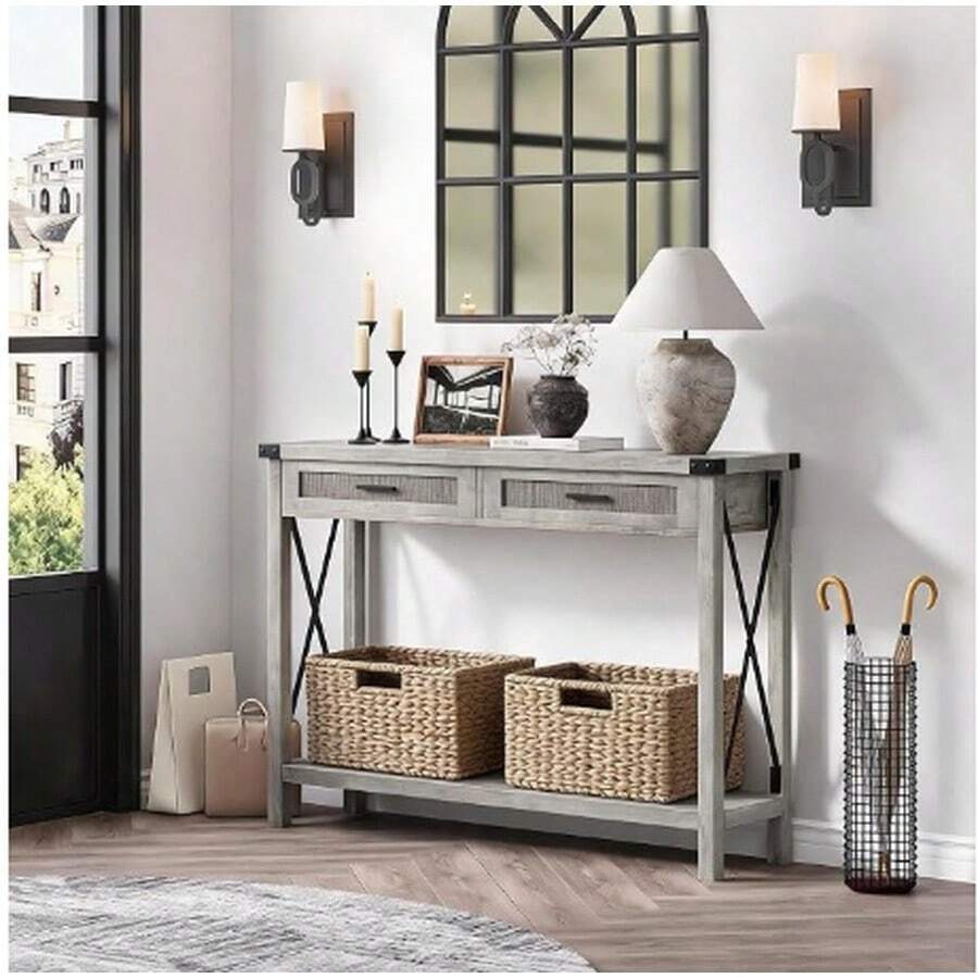 Mesa Consola Estrecha de Madera Estilo Boho Rústico Color Gris, Mueble Recibidor con 2 Cajones de Ratán y Estante Inferior, Unidad Decorativa Multiusos para Pasillo, Entrada o Detrás del Sofá, Dimensiones 110 x 30 x 78 cm - Gris1 - Ver 1