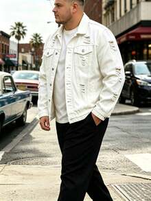 Men's Oversized Denim Jacket White Ripped Distressed Trucker Coat - White - View 5