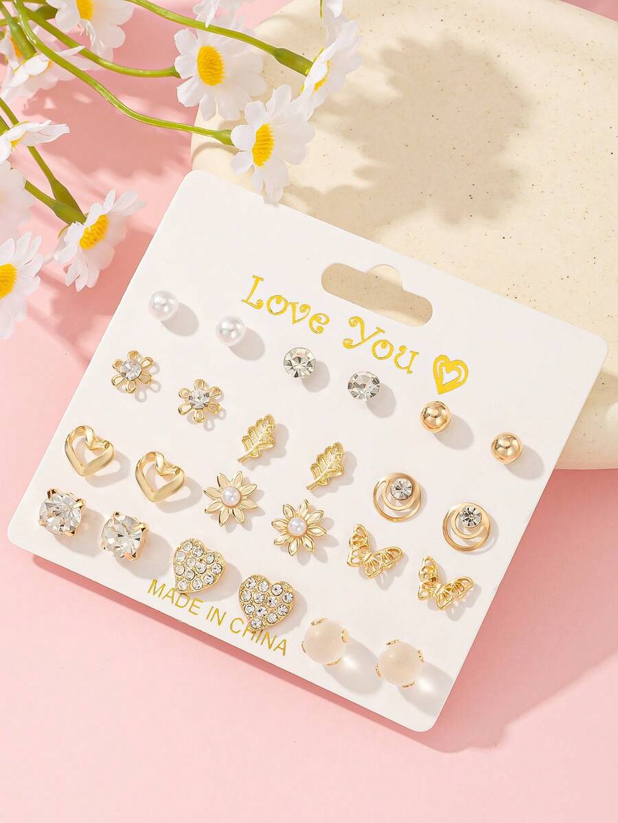 Bộ 12 đôi bông tai nụ nhỏ thời trang nữ tinh tế, họa tiết phối nhiều yếu tố hình bướm và trái tim đính đá rhinestone toàn bộ, dễ thương, phù hợp đi chơi, du lịch, tiệc tùng và nhiều dịp, quà tặng Valentine cho bạn bè - Vàng - Xem 1