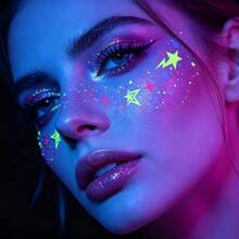 6 Sheets Glow In The Dark Star Lightning Freckle Face Stickers UV Blacklight Fluorescent Temporary Tattoo Rave Festival Halloween Face Makeup Decals - Multicolor - View 4
