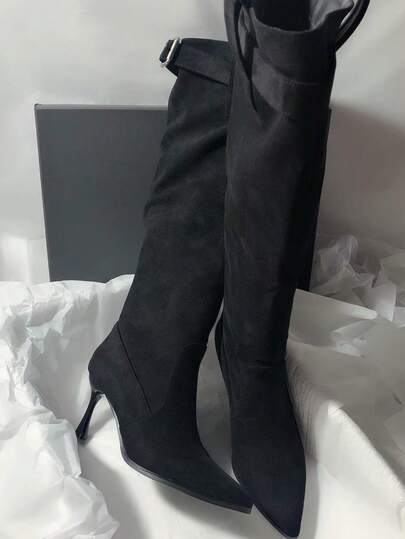 Women's Plus Size Black Pointed Toe Over-The-Knee Boots, Single Metal Buckle Strap Shaft, Stiletto High Heel Tall Boots, Soft Matte Upper, Suitable For Daily Wear, Dating, Autumn/Winter Outfits