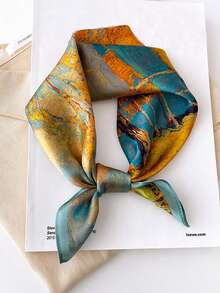 1pc Silk-Like Printed Square Scarf, Headband, Fashionable Multi-Functional Small Square Scarf, Suitable For Daily Wear - Multicolor - View 1