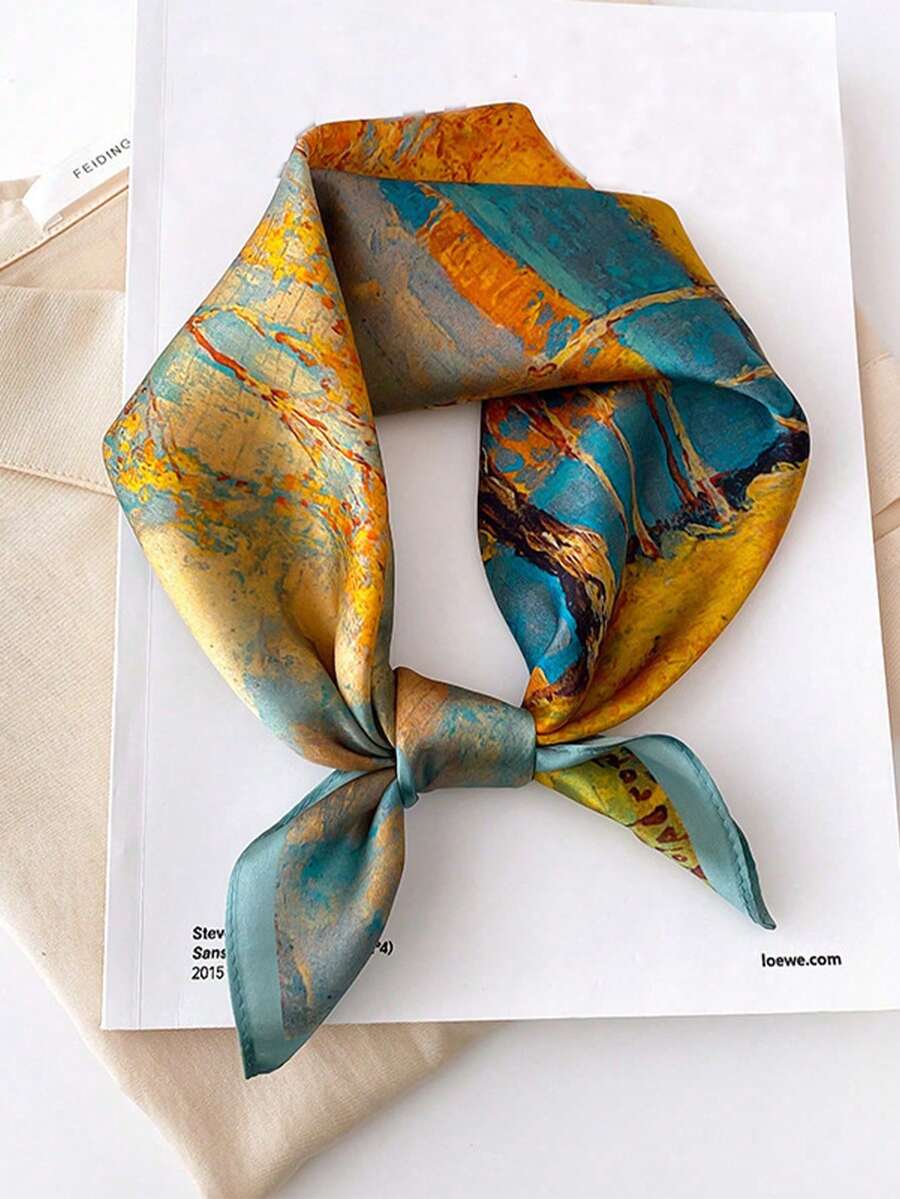 1pc Silk-Like Printed Square Scarf, Headband, Fashionable Multi-Functional Small Square Scarf, Suitable For Daily Wear - Multicolor - View 1