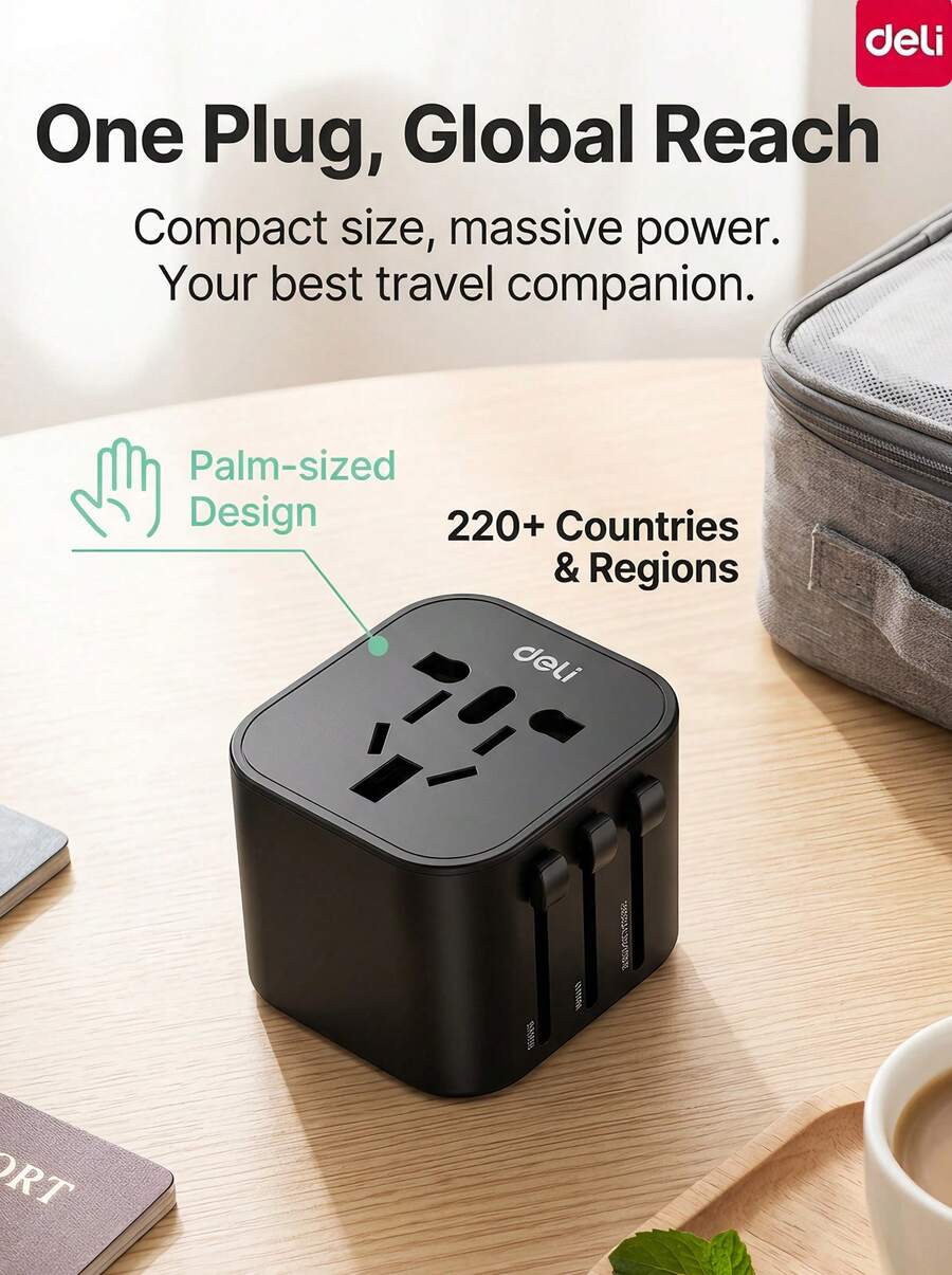 DELI LU5031 Universal Travel Adapter, 750°C Flame Retardant PC Shell, Multi-Plug Switchable Lock Design, Portable Power Converter For International Travel And Business Trips - Black - View 1