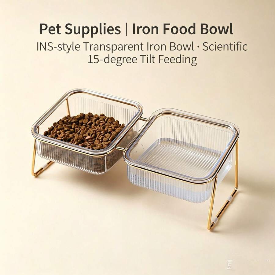 1pc 15° Tilted Elevated Double Cat Bowl, Rose Gold Iron Frame Transparent Striped Pet Food & Water Bowl, Neck Protection Elevated Anti-Slip Anti-Splash Feeding Bowl, Home Dining Set, Suitable For Cats, Kittens And Small Dogs - Large Capacity - View 1