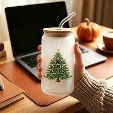 16oz Christmas Tree Pattern Glass Cup With Lid And Straw, Reusable Glass Water Cup, High-Quality Glass Jar Design, Suitable For Iced Coffee, Beer, Juice, Milk, Cold Drinks, Fashionable Glassware. Perfect Gift For Holiday Lovers - Multicolor - View 7