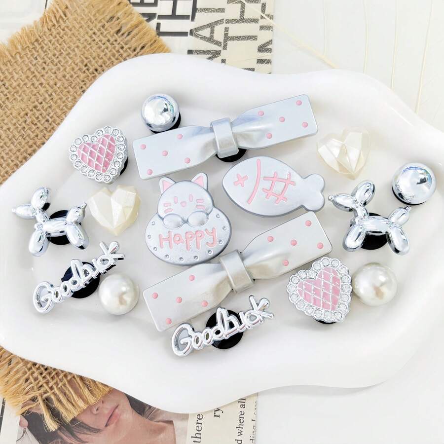16pcs Silver Bow, Fish, Cat DIY Shoe Decorations, Suitable For Perforated Sandals, Elegant And Fashionable, Gift For Girlfriend - Silver - View 1