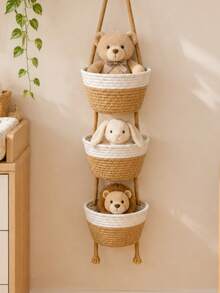 3-Tier Hanging Storage Basket Organizer, Wall-Mounted Woven Basket, Suitable For Baby Room, Used For Storing Books, Toys And Early Education Supplies - Multicolor - View 1