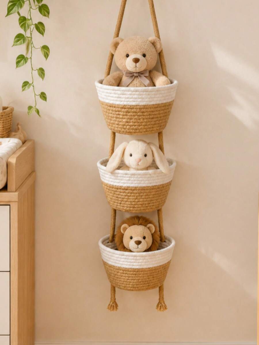 3-Tier Hanging Storage Basket Organizer, Wall-Mounted Woven Basket, Suitable For Baby Room, Used For Storing Books, Toys And Early Education Supplies - Multicolor - View 1