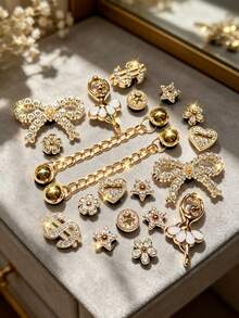 20pcs Rhinestone Ballet Girl Shoe Charms, Bow, Dollar Sign, Heart Chain DIY Removable Accessories For Sandals, Beach Bags, Gifts - Gold - View 3