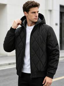 1pc Men's Autumn/Winter Hooded Diamond Quilted Jacket, Zipper Closure, Ribbed Hem, Lightweight Casual Outerwear - Black - View 2