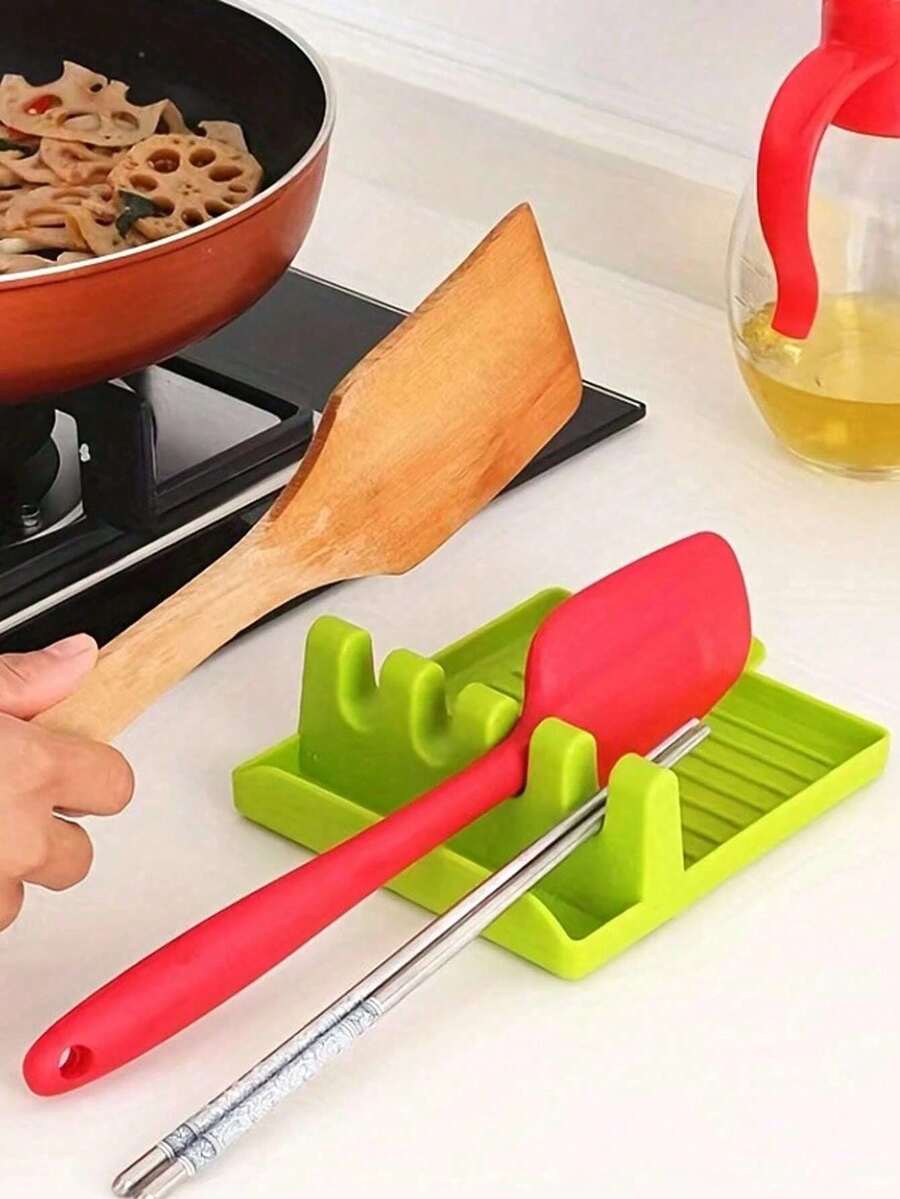 1Pc Minimalist Gray Spoon Rest Holder, Silicone Material, Store Kitchen Utensils Keep Countertop Clean, For Home Kitchen, Dinner Cooking, Outdoor Simple Meal, New‑Home Decoration, Multi‑Slot Drainage Design, For Household Life Activities - Multicolor - View 1