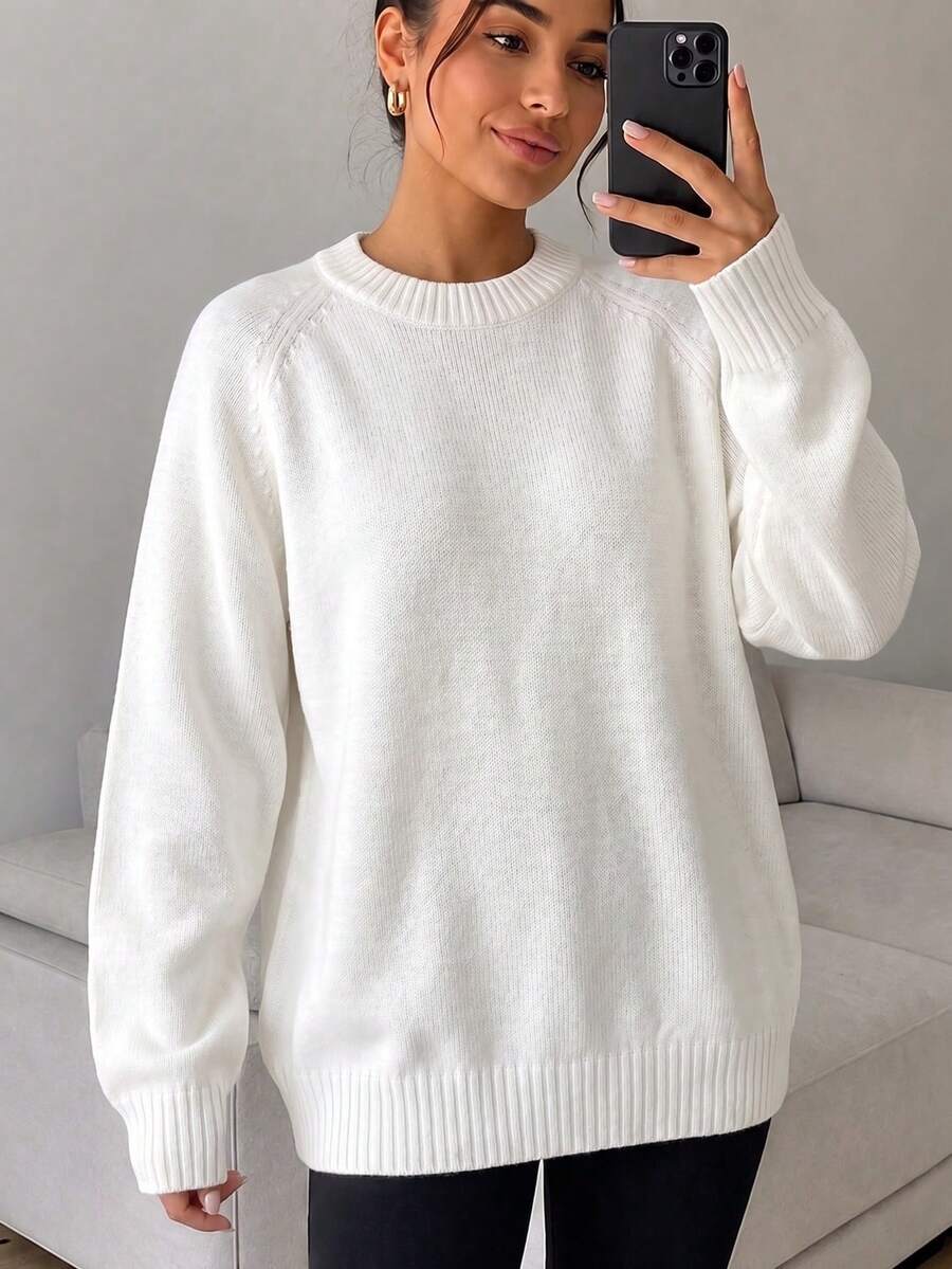 Fashionable Loose Long Sleeve White Knit Sweater For Women, Autumn/Winter Outfit Essential