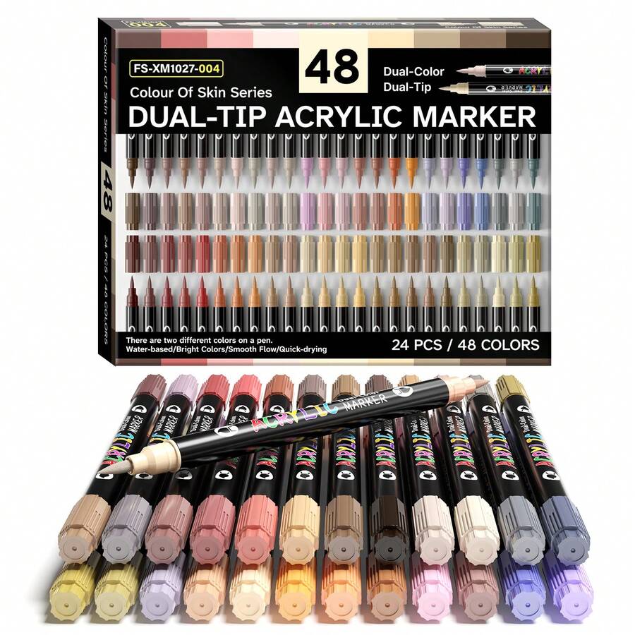 FLYSEA 24 Pens / 48 Colors In One Box Double-Headed Double-Color Markers, Suitable For Stone, Wood, Calligraphy, Canvas, Ceramics, Metal, Glass, Rock Painting, DIY Handicrafts And Art Supplies Set - Skin Tone - View 1