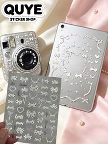 1 Set Adult Decorative Stickers, Laptop Stickers, White 3D Embossed Bow And Heart Pattern Decals, Transparent Background, Polka Dot Bow And Pearl Heart Decorative Stickers, Includes Tweezers, Suitable For Laptops, Cameras, Phone Cases, Water Bottles - Bow Stickers - View 3