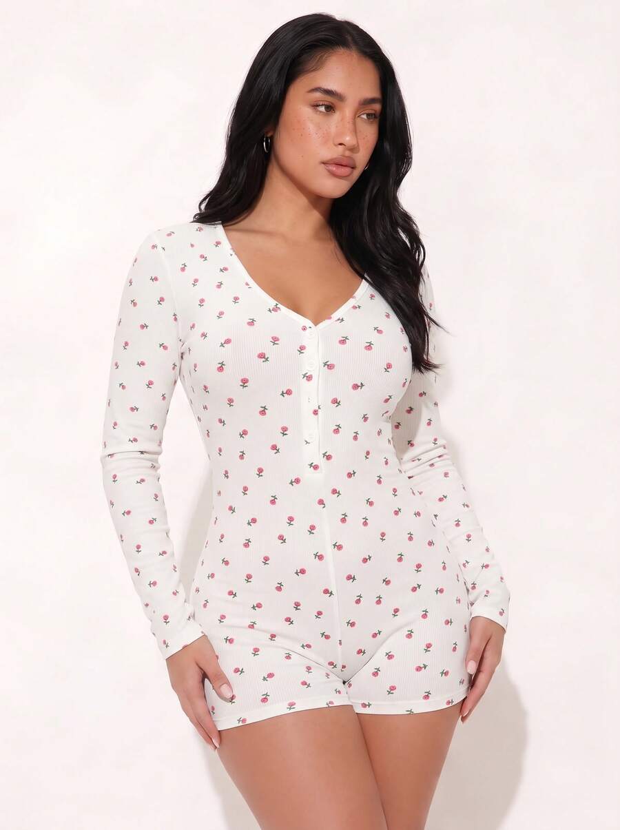 1pc Women's Ditsy Floral V-Neck Long Sleeve Jumpsuit - White - View 1