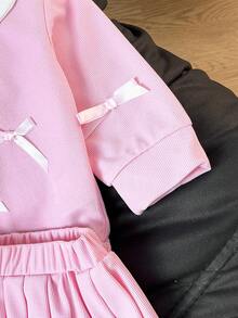 Sweet Style Baby Girl 2pcs Outfit, Waffle Knit Peter Pan Collar 3D Bow Top And Pink Pleated Skirt - Pink - View 6
