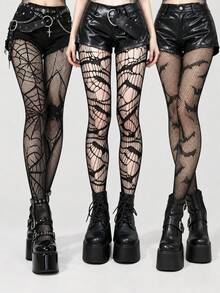 3Pairs Women's Gothic Fishnet Tights Set, Spiderweb Hollow Net & Bat Pattern Stockings, Y2K Punk Style Sheer Leggings For Halloween Party - Multicolor - View 1