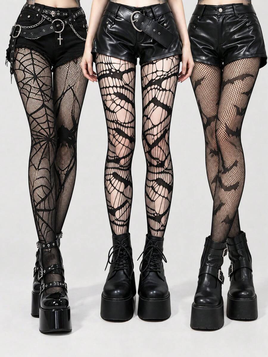 3Pairs Women's Gothic Fishnet Tights Set, Spiderweb Hollow Net & Bat Pattern Stockings, Y2K Punk Style Sheer Leggings For Halloween Party - Multicolor - View 1