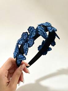1件全排3D藍色刺繡蝴蝶髮箍，新中式復古布藝髮箍，優雅女款髮飾 - 彩色 - 查看 5