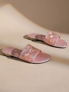 Women's Shiny Floral Lace Embroidered Flat Slide Sandals, Summer Open Toe Casual Slippers - Watermelon Pink - View 2