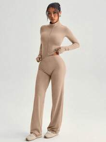 2pcs Set Purple Zipper Slim Fit Long Sleeve Top + Flowy Wide Leg Pants Yoga Sports Outfit - Apricot - View 6