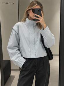 Women's Solid Color Casual Versatile Daily Long Sleeve Jacket - Baby Blue - View 3