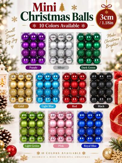 24 piezas de adornos de bolas navideñas de 3 cm, que incluyen estilos brillantes, mate y con purpurina, con cuerda para colgar, opciones multicolor. Excelente para crear un ambiente navideño, se pueden colgar en el árbol de Navidad o usar como decoración navideña del hogar, adecuado para sala de estar, exhibición en ventana, fiesta, tienda, escena de reunión, creando una atmósfera festiva cálida y romántica. Regalo perfecto para familia, amigos, colegas, intercambio de regalos, decoración del hogar, exhibición de supermercado, lleno de vibras navideñas.