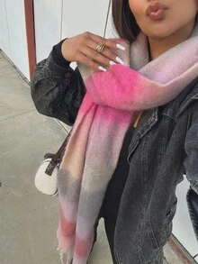 1pc Fashionable Multi-Color Plaid Wool Warm Scarf, Designed For Women, Bohemian Style, Suitable For Daily Wear, Can Resist Cold Wind And Also Serve As A Comfortable Blanket-Style Scarf. Essential Item For Autumn/Winter, Suitable For Both Men And Women. - Pink - View 3