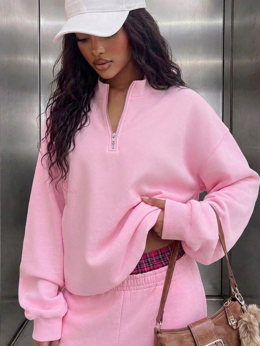 Cardigan Kasual Wanita Berkerah dengan Lapisan Bulu dan Resleting, Saku, Ukuran Besar, Cocok untuk Aktivitas Sehari-hari di Musim Gugur/Dingin, Pakaian Musim Gugur/Dingin, Baju Musim Dingin, dan untuk Keluar Rumah - Berwarna merah muda - View 1