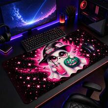 1pc Pink Halloween Ghost Witch Hat & Pumpkin Print Extended Mouse Pad, Shiny Galaxy Bat Keyboard Desk Mat, Cute Gothic Style Desktop Decor - View 1