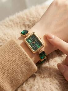 1pc Gold Fashion Casual White Strap Square Women's Quartz Watch, Jade Bracelet Design, Suitable For Daily Wear, Decoration And Gift - Green - View 3