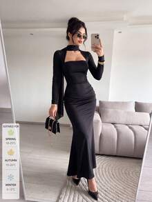 SUNSTORY Women's Autumn Black Square Neck Square Neck Bow Long Sleeve Ruched Waist Mermaid Mid-Length Dress, Suitable For Dating, Party, Christmas, New Year, Back To School Dance - Black - View 2