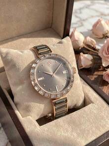 Swarovski 1pc Rose Gold Tone Round Quartz Wrist Watch With Grey Rectangle Glass Rhinestone Bezel & Band, Elegant Women Watch For Daily Party - Grey - View 3