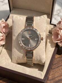Swarovski 1pc Rose Gold Tone Round Quartz Wrist Watch With Grey Rectangle Glass Rhinestone Bezel & Band, Elegant Women Watch For Daily Party - Grey - View 5