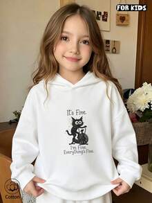 Children's Hoodie: Cute Cartoon Cat Pattern And "Never Mind" Print, Loose, Casual Style, Suitable For Daily Wear In Spring And Autumn - White - View 3